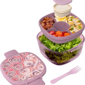 Bentgo Glass Prints All-in-One Salad Container - 61oz Tinted Glass Salad Bowl with Lid, Bento-Style Tray, Sauce Container, & Reusable Fork - Dishwasher & Microwave Safe (Floral Maximalist - Bouquet)