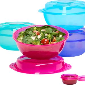 Bentgo Easyboxes Salad-to-Go Containers - 8-Piece Set: 4 Bowls, Leak-Proof Dressing Cups Built-In & 4 Fitted Lids Seal in Freshness Reusable/BPA-Free for Salad, Pasta, & Cereal (Jewel Brights)